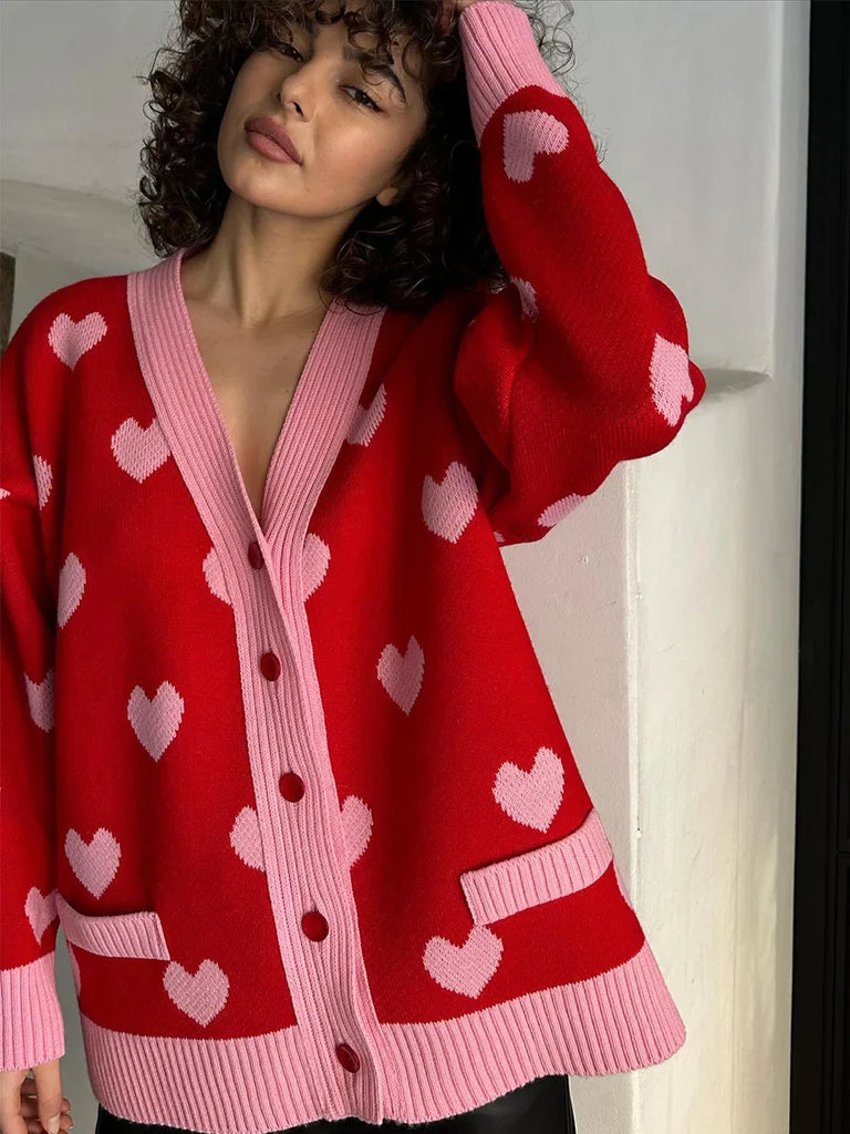 Christmas Love Pattern Knitted Cardigans Women Long Sleeve Button Quilted Knitwear Sweater Fall Casual Loose Fashion Streetwear New Year