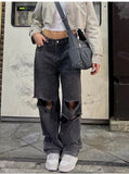 Women Hole Jeans Pants 90s Vintage Baggy Straight Denim Trousers Y2k Clothing High Waist Looes Casual Long Pants Streetwear New