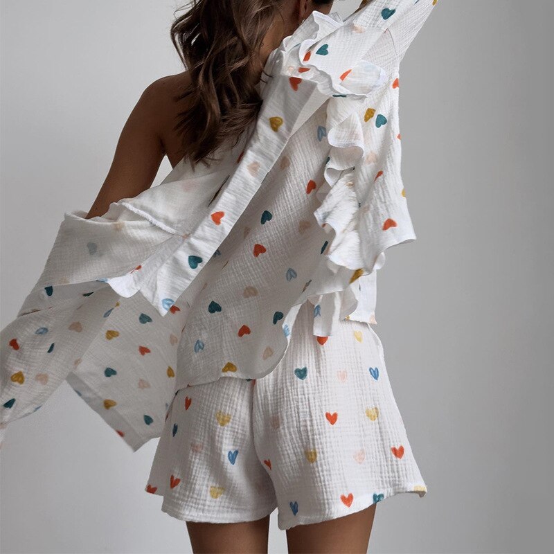 Cotton Pajamas Linen Love Print Shorts Suit Female Fashion Single Breasted Lapel Shirts Top 2 Pieces Set Elastic Waist Pant Sets