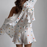 Cotton Pajamas Linen Love Print Shorts Suit Female Fashion Single Breasted Lapel Shirts Top 2 Pieces Set Elastic Waist Pant Sets
