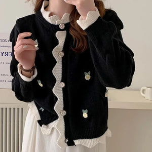 Chic Korean Fashion Flower Pattern Red Christmas Cardigan Sweaters Autumn Winter Long Sleeve Y2K Aesthetic Knitted Tops Christmas New Year