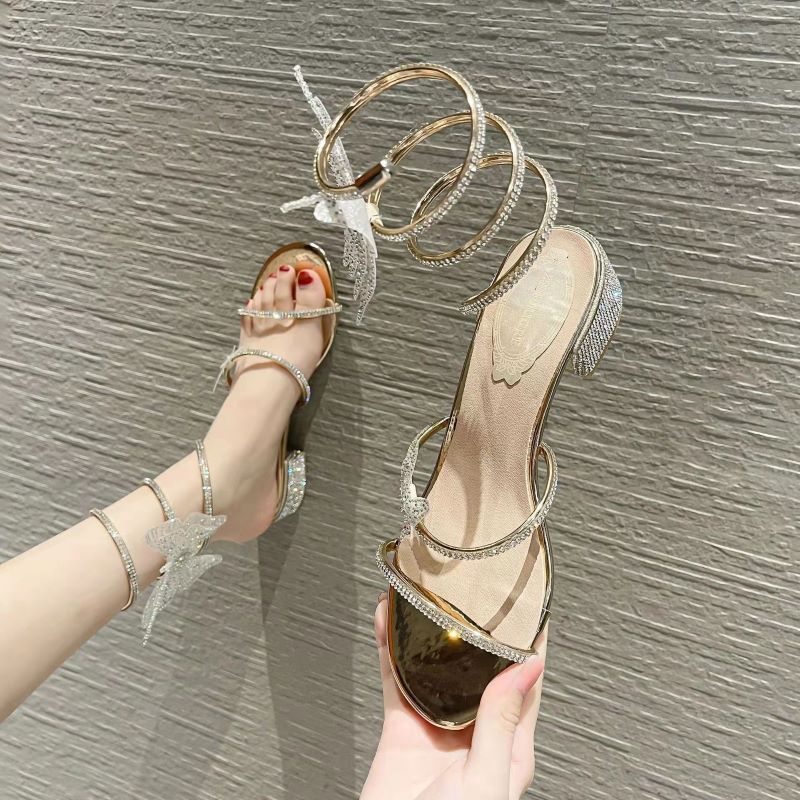 Summer New Women's Sandals Fashion Luxury Rhinestone Butterfly Snake Surround Chunky Heel Banquet Shoes