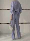 Ruffle Spliced V-neck Shirt + High Waist Wide Leg Pants Set Female  Autumn New Women Solid Loose Two-piece 16T577