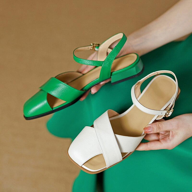 woloong  Women Sandals Office Ladies Casual Pumps Concise Fashion Genuine Leather Low Heels Basic Shoes Woman Summer  New Arrival