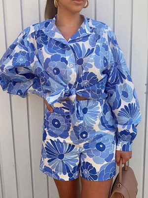 goosudu Flower Print Blue Short Sets Women Matching Set Blue Summer Spring Two Pieces Sets Suits Oversized Top Shorts