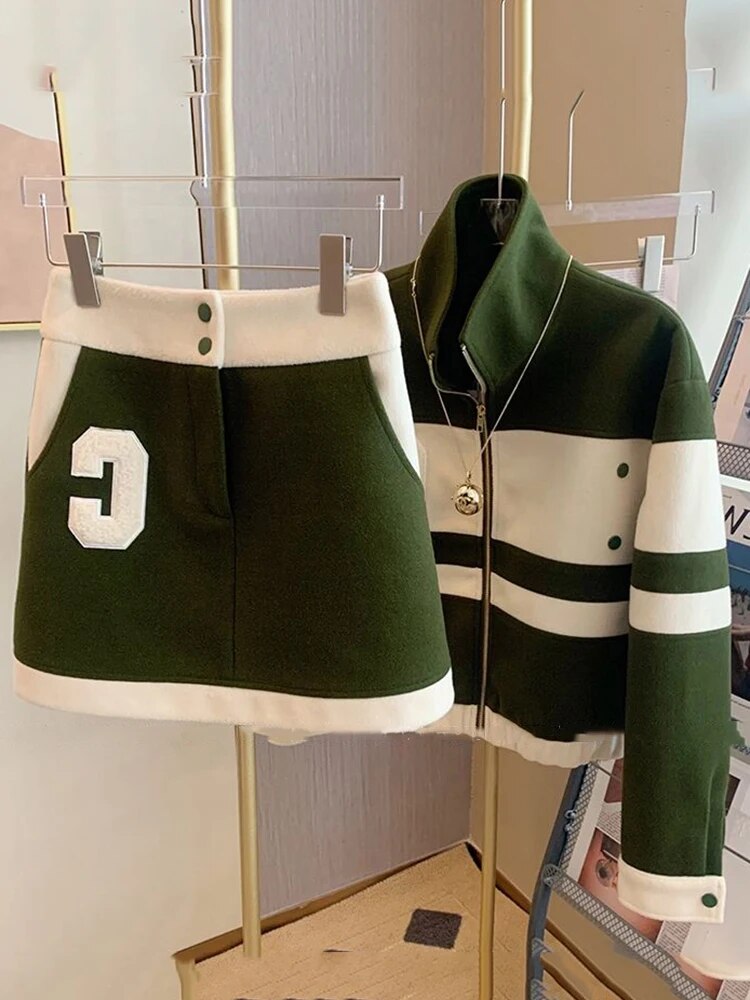 New Casual 2 Piece Set Women Loose Hoodie Vintage Baseball Jacket High Waist Mini Skirts Two Piece Suits