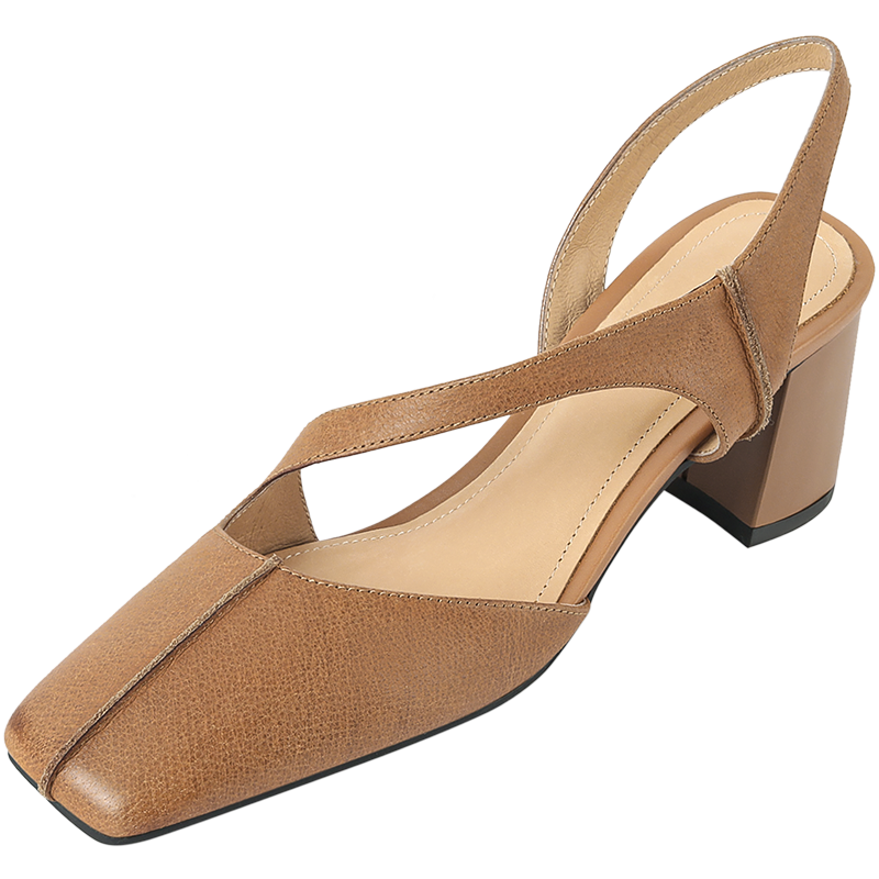 Summer New Simple Ladies Slingbacks Dress Shoes Back Strap Genuine Leather Square Toe Sandals Woman Thick High Heel Sandals