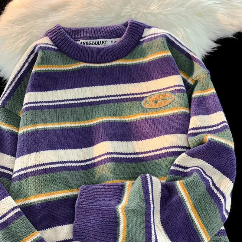 Retro Women Sweaters Winter Streetwear New Warm Knitted Tops Harajuku Hip Hop Loose Stripes Pullovers Couple Sweater Women