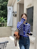 Striped Knitted Cardigan Women Hollow Out Turn Down Collar Long Sleeve Cropped Sweater Loose Outwear Autumn New Tops