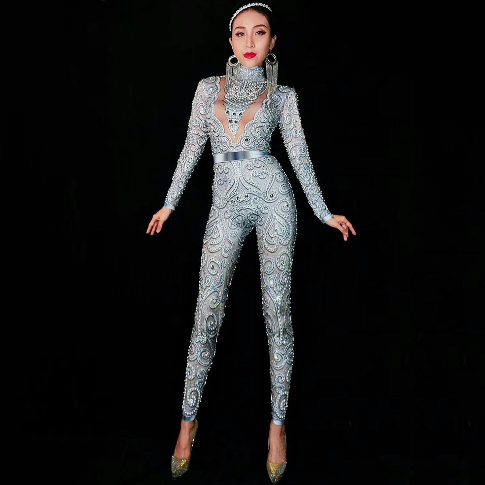 goosudu Flashing Silver Rhinestones Spandex Women Jumpsuit Birthday Celebrate Bar Outfit Singer Dance Wear Leggings Stage Queen Costume