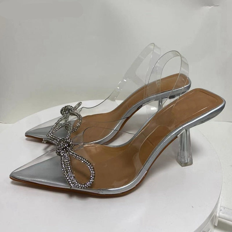 woloong New Brand Women Slingback Shoes Fashion PVC Transparent Ladies Elegant Sandals Thin High Heel Pointed Toe Mules S