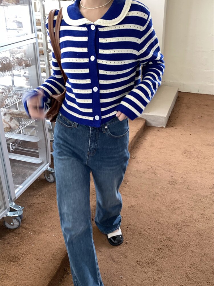 Striped Knitted Cardigan Women Hollow Out Turn Down Collar Long Sleeve Cropped Sweater Loose Outwear Autumn New Tops