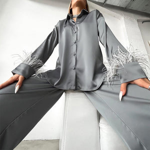 Elegant Sleepwear Pajama Pants Suit Woman Fashion Long Sleeve Feather Blouses Loose Long Pants 2 Piece Sets Womens Outfits