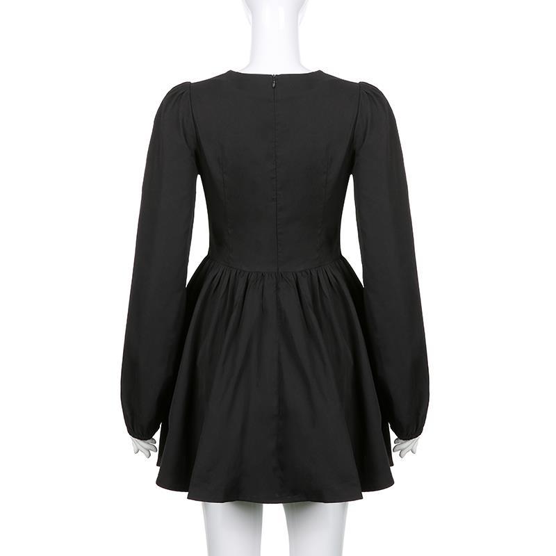 woloong  New Fashion Elegant Puff Long Sleeve Black Dress Women Corset Summer Clothes Goth Sexy Party Club Outfits Mini Pleated Skirt Y2k