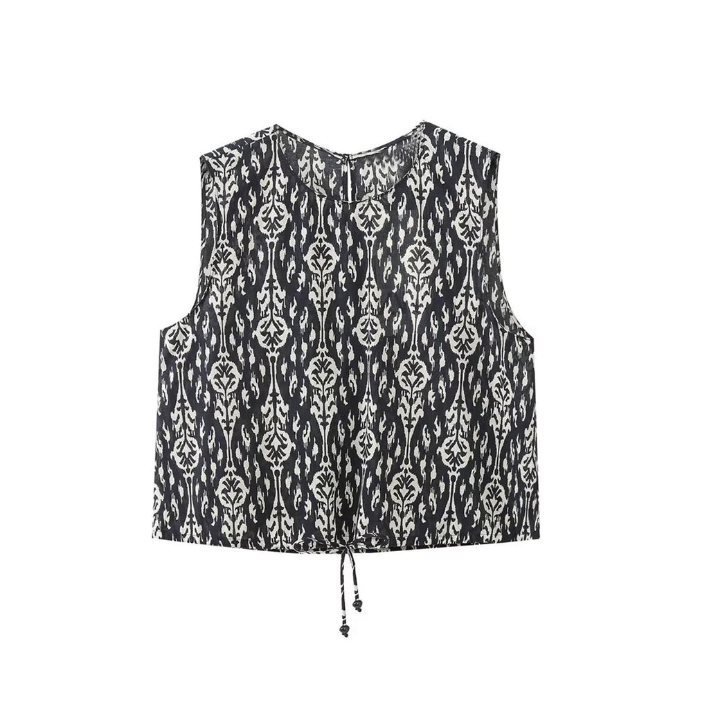 Printed Drawstring Cropped Tops Low Waist Fly Pants Sets Thin Causal Shirts Button Suits Summer Female Sleeveless Outwear