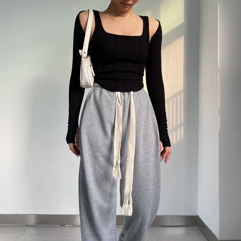 Women Striped Stitching Slim T-shirt Female 2 In 1 Shrug Set Co-ord Crop Shrug And Corset Tank Tops Set Y2k Streetwear New