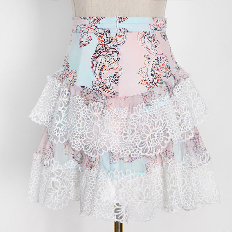 woloong  Sweet Patchwork Lace Set For Women Stand Collar Long Sleeve Shirt High Waist Skirt Print Sets Female Fashion New