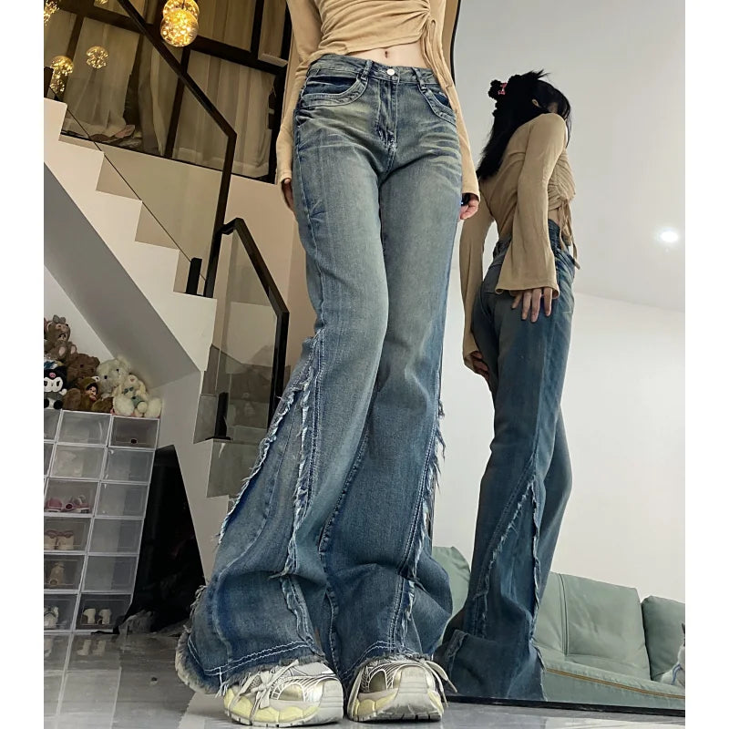 Vintage Blue Women Jeans High Waist Chic American Fashion Y2K Streetwear Wide Leg Jean Female Trouser  NEW Baggy Denim Pants