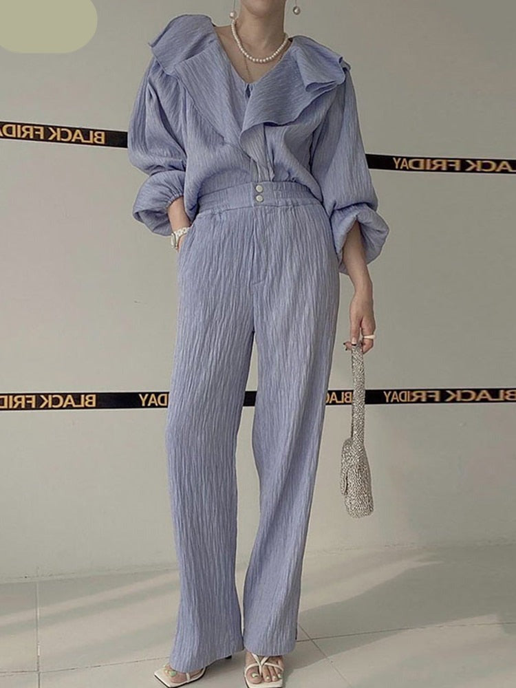 Ruffle Spliced V-neck Shirt + High Waist Wide Leg Pants Set Female  Autumn New Women Solid Loose Two-piece 16T577