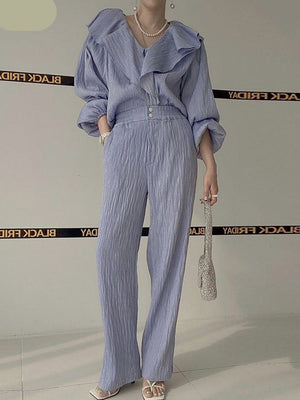 Ruffle Spliced V-neck Shirt + High Waist Wide Leg Pants Set Female  Autumn New Women Solid Loose Two-piece 16T577