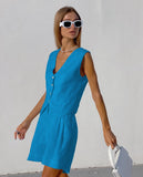 Cotton Linen Vest Shorts White Blue Sets Sleeveless Button V-neck Waistcoat 2 Pieces Set Womens Elegant Top Shorts Suits