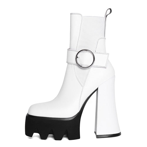 Spring and Autumn New Thick Heel Waterproof Platform Square Toe Short Boots Green Fashion Women's Boots Genuine Leather