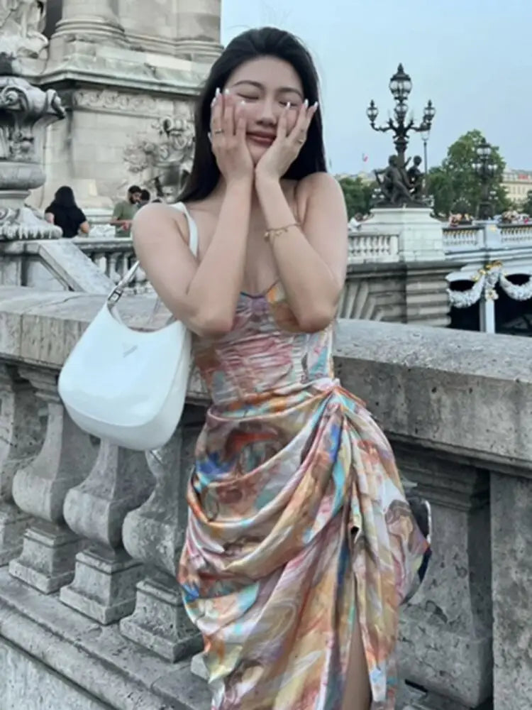 Spaghetti Strap Party Dresses For Women  Summer New Irregular Print Ruched Sleeveless Slim Waist Midi Dress Vestidos