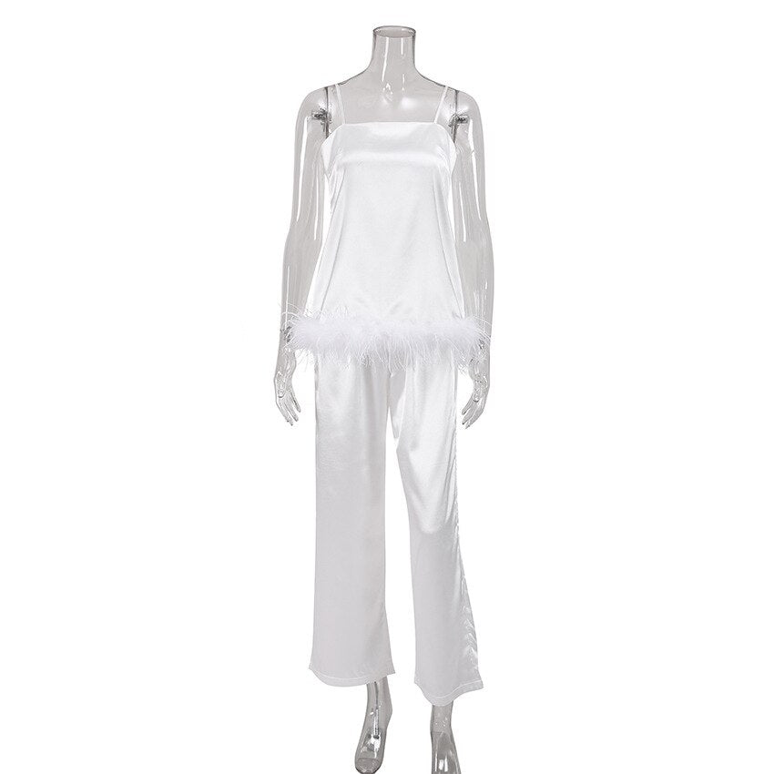 Feathers Sexy Sleepwear For Women Chic Satin Pajamas Set Loose Black Spaghetti Strap Home Suit White Trouser Suits