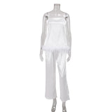 Feathers Sexy Sleepwear For Women Chic Satin Pajamas Set Loose Black Spaghetti Strap Home Suit White Trouser Suits