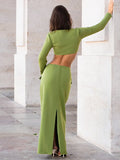 Elegant 2 Piece Set Green Long Sleeve Cropped Top And Slim Split Maxi Skirt Sets Femme  New Party Evening Outfits