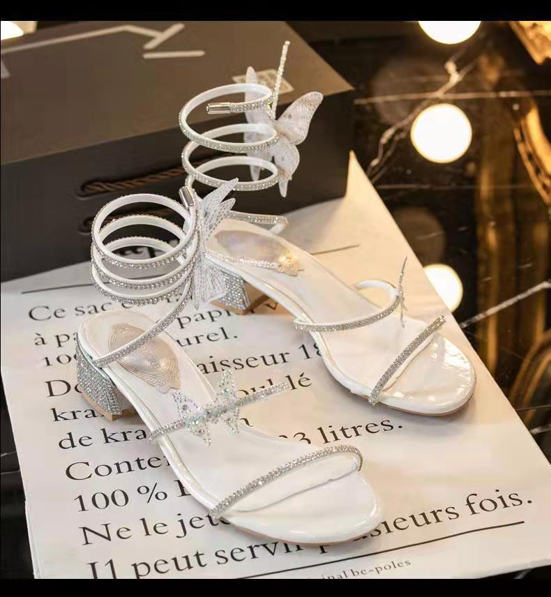 Summer New Women's Sandals Fashion Luxury Rhinestone Butterfly Snake Surround Chunky Heel Banquet Shoes
