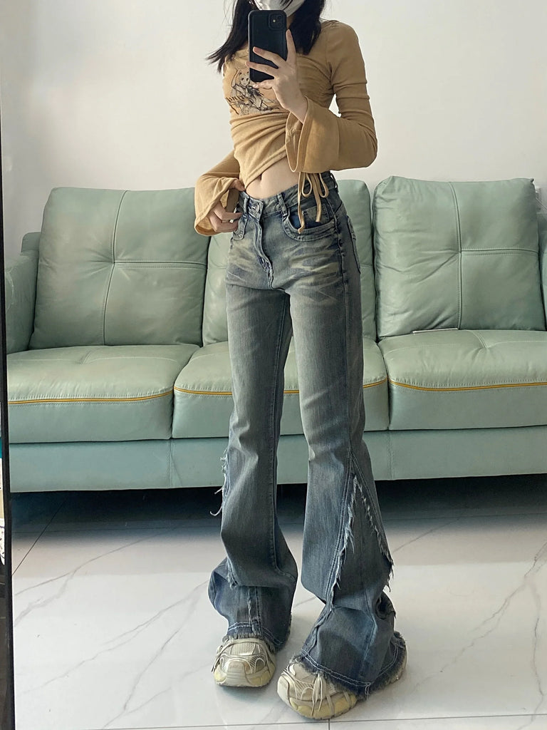 Vintage Blue Women Jeans High Waist Chic American Fashion Y2K Streetwear Wide Leg Jean Female Trouser  NEW Baggy Denim Pants