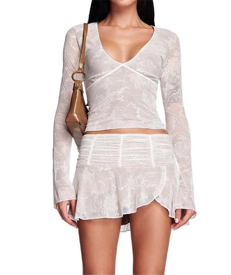 Women Lace Trim 2 Piece Skirt Set Sexy See Through Sleeveless Crop Tops Bodycon Skirt Outfits Summer Skirt Suit