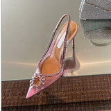 Spring and summer new European and American pointed high heels transparent rhinestone fashion sandals