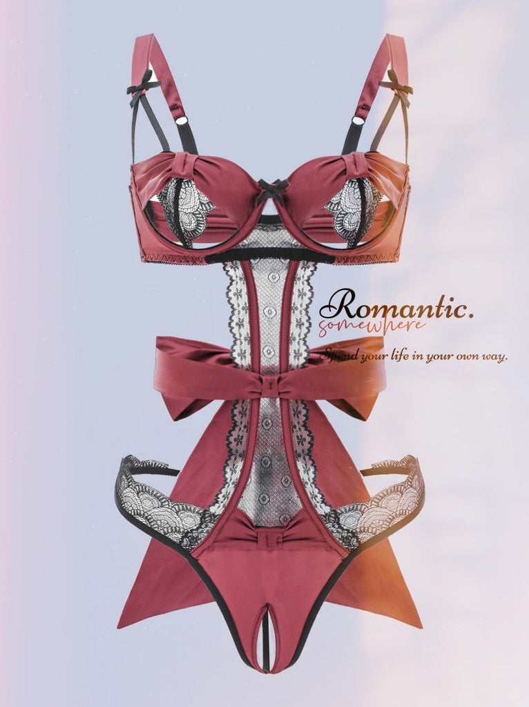 goosudu  Sexy Pajama Lingerie Set Bow Tie Strap Underwire Bodysuit Thong Women One Size Bralette
