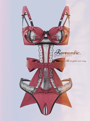 goosudu  Sexy Pajama Lingerie Set Bow Tie Strap Underwire Bodysuit Thong Women One Size Bralette
