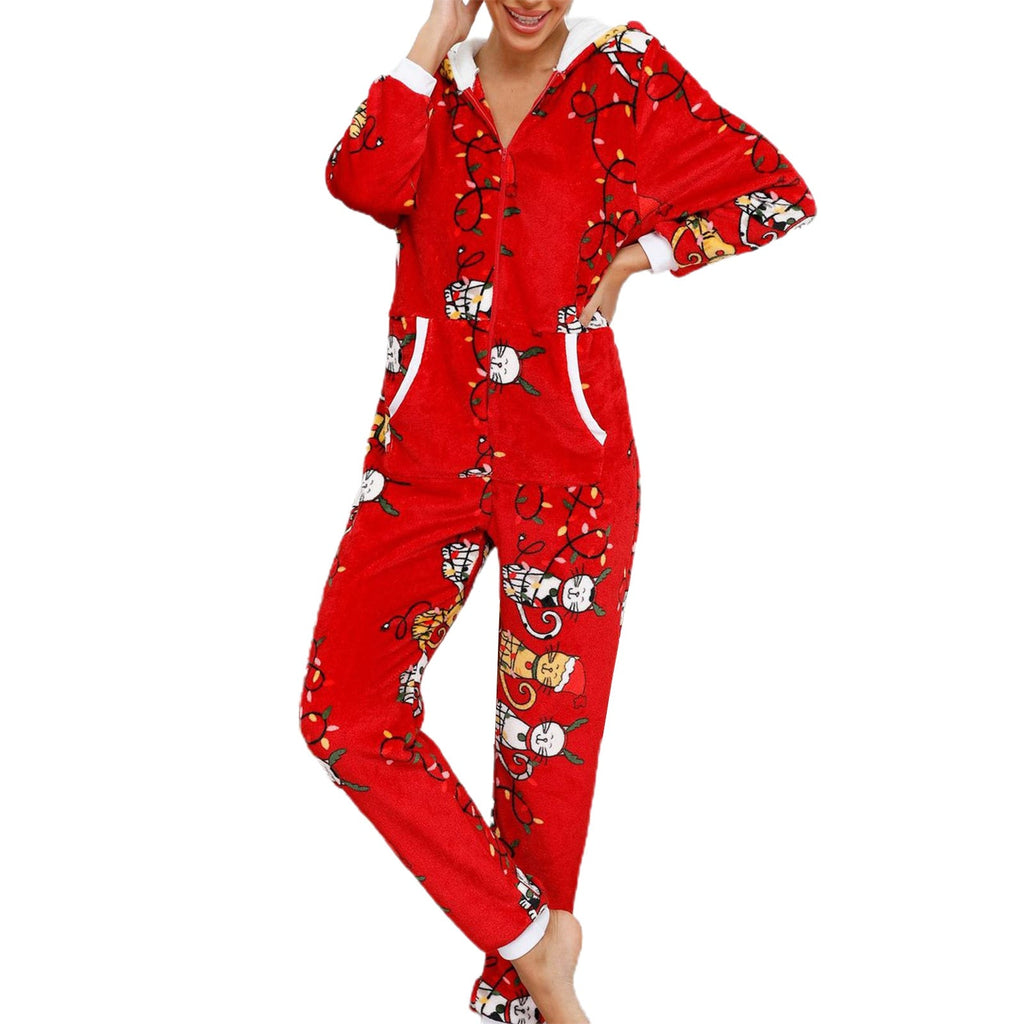 Women Winter Casual Nightwear Christmas Printed Long Sleeve Hooded Jumpsuit Loose Pajama Home Sleep Wear S/ M/ L/ XL/ XXL
