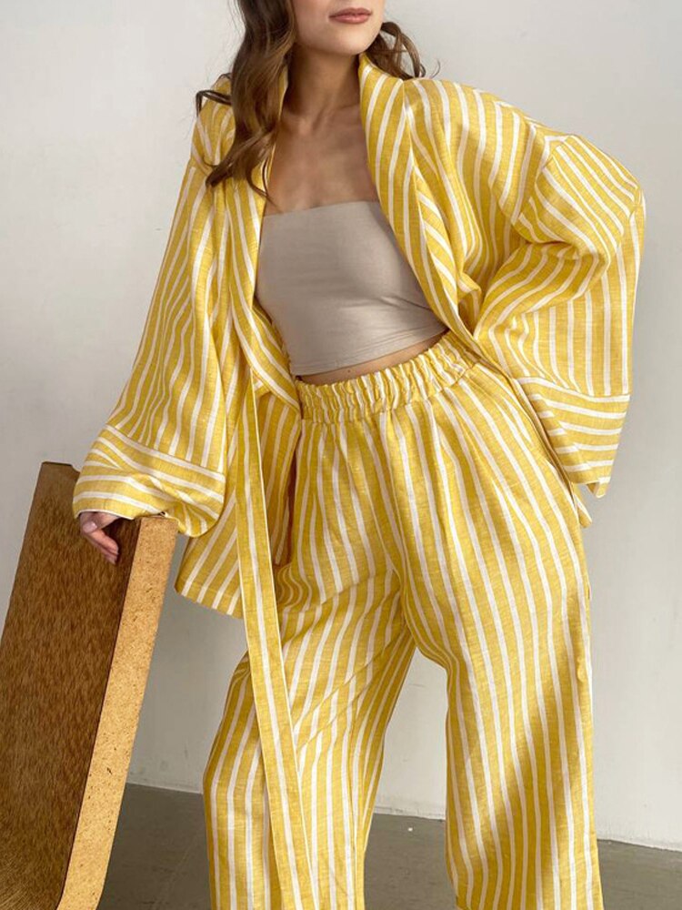 Casual Yellow Stripe Home Suits Elegant High Waist Wide Pants Set Fashion Long Sleeve Shirts Two Piece Pajamas Set Women Outfit