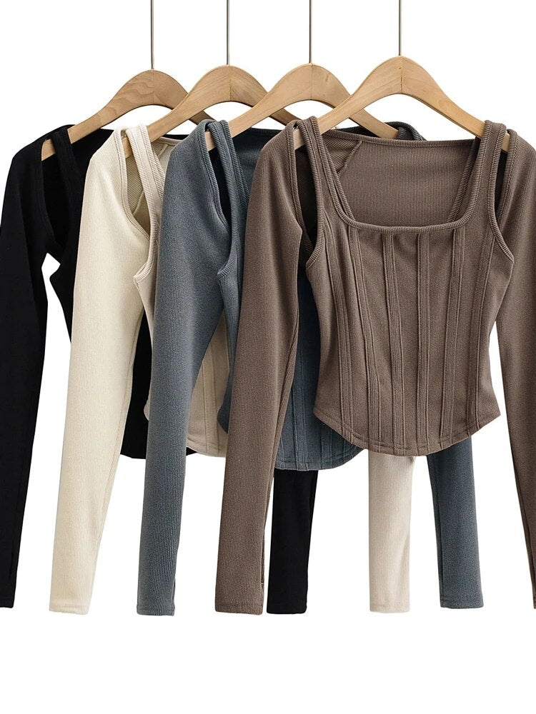 Women Striped Stitching Slim T-shirt Female 2 In 1 Shrug Set Co-ord Crop Shrug And Corset Tank Tops Set Y2k Streetwear New