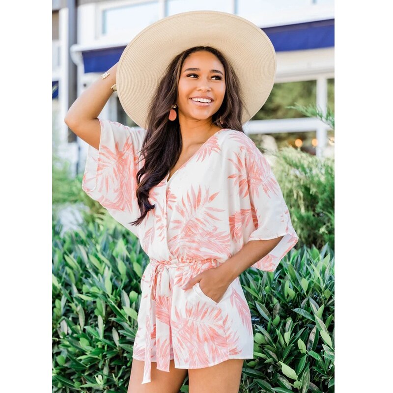 Leaf Print White Batwing Sleeve Rompers Overalls Summer Autumn Sash Wide Leg Beach Boho Playsuit  Romper