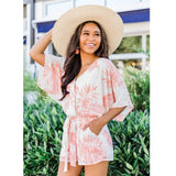 Leaf Print White Batwing Sleeve Rompers Overalls Summer Autumn Sash Wide Leg Beach Boho Playsuit  Romper