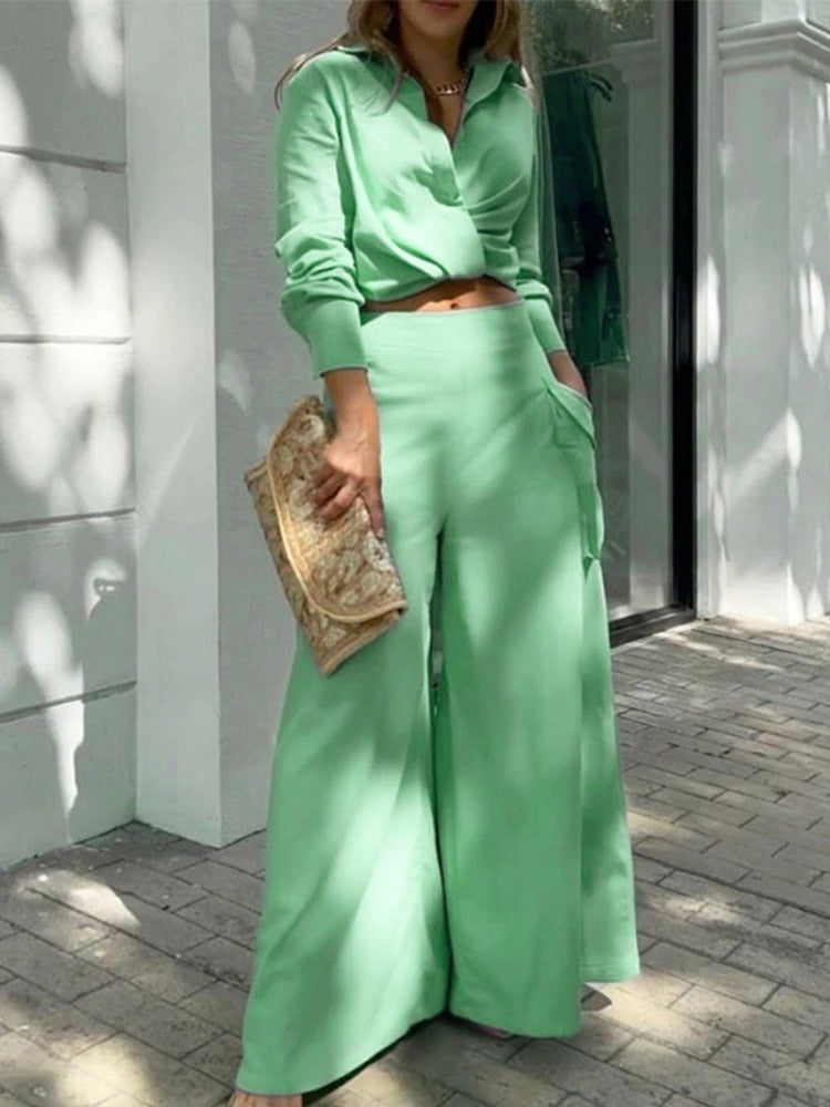Shirt Long Pants Suits 2 Piece Set Women Long Sleeve Shirt Wide Leg Pants Casual White Spring Summer Outfits  New