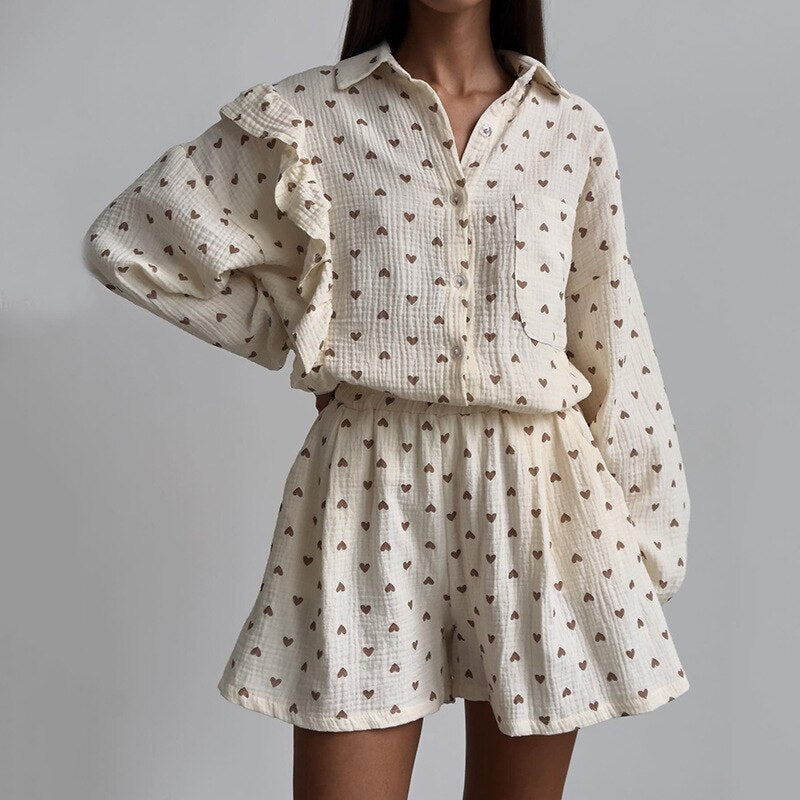 Cotton Pajamas Linen Love Print Shorts Suit Female Fashion Single Breasted Lapel Shirts Top 2 Pieces Set Elastic Waist Pant Sets