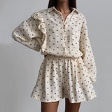 Cotton Pajamas Linen Love Print Shorts Suit Female Fashion Single Breasted Lapel Shirts Top 2 Pieces Set Elastic Waist Pant Sets