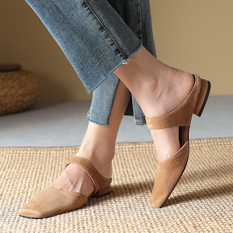 New Summer Women Shoes Sheepskin Shoes for Women Simple Bow Women Slippers Low Heels Square Toe Slippers Mules Handmade