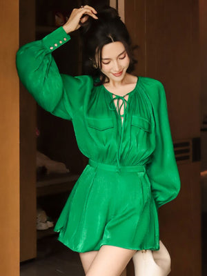 Patchwork Lace Up Jumpsuit For Women V Neck Lantern Sleeve High Waist Shorts Casual Jumpsuit Female Fashion