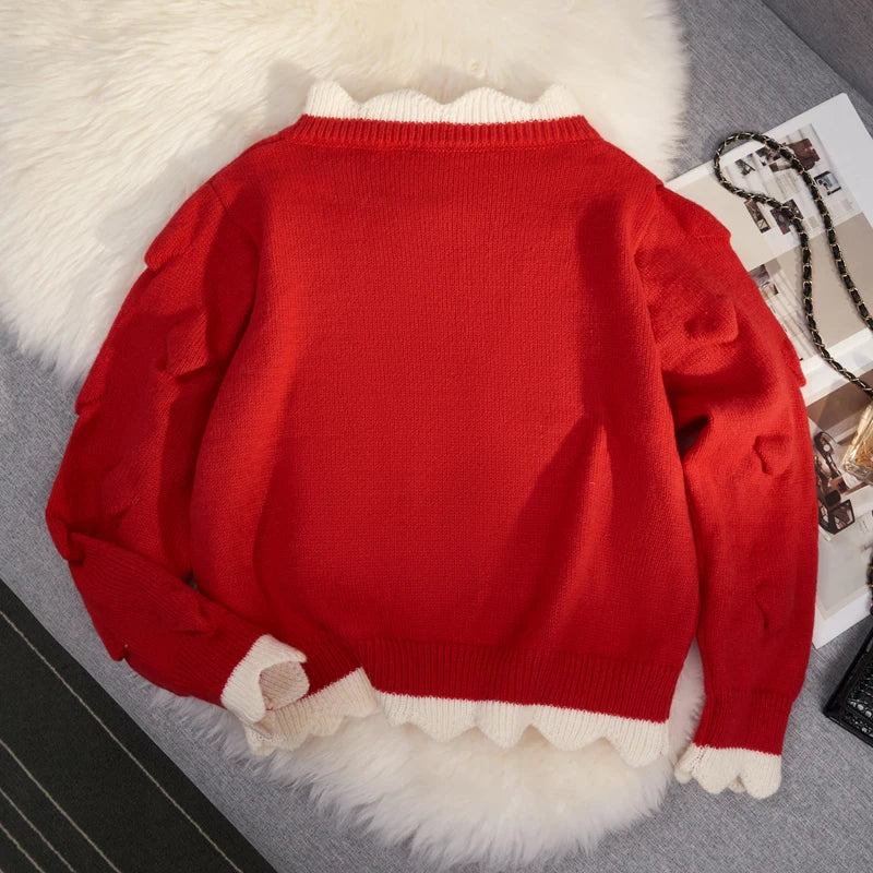 Chic Korean Fashion Flower Pattern Red Christmas Cardigan Sweaters Autumn Winter Long Sleeve Y2K Aesthetic Knitted Tops Christmas New Year