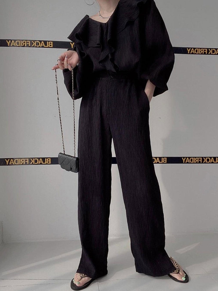 Ruffle Spliced V-neck Shirt + High Waist Wide Leg Pants Set Female  Autumn New Women Solid Loose Two-piece 16T577