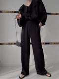 Ruffle Spliced V-neck Shirt + High Waist Wide Leg Pants Set Female  Autumn New Women Solid Loose Two-piece 16T577