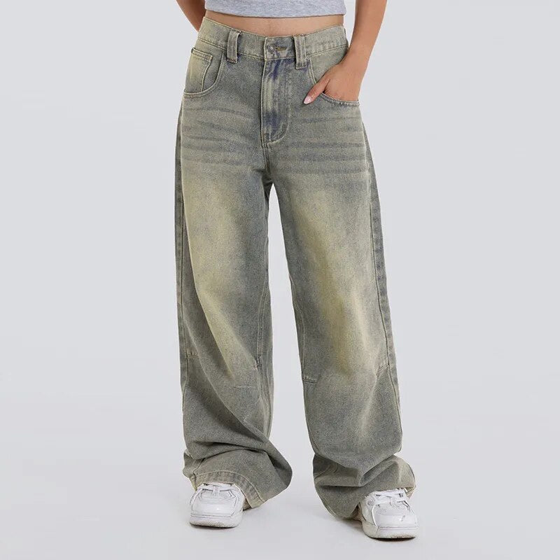 Vintage Wide Leg For Women Jeans Fashion New Jean Streetwear Zipper Pocket High Street Female Y2k Denim Trousers